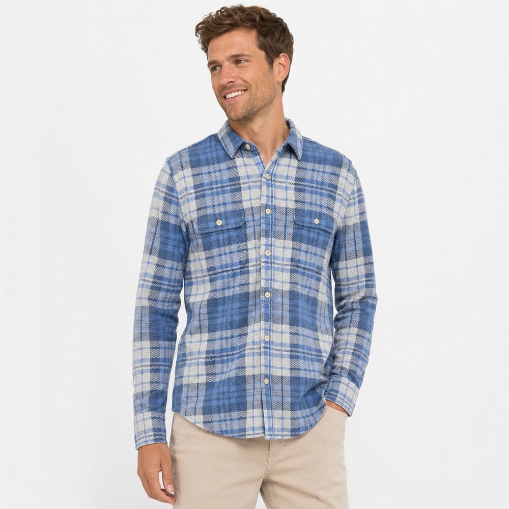 Faherty Brand Mens Medium Plaid Knit Flannel Shirt Blue Stretch MXS2300-FIL